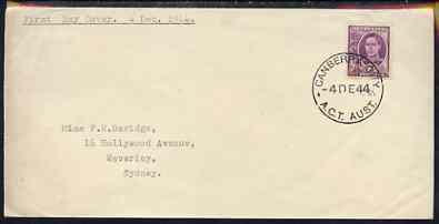 Australia 1944 KG6 2d purple on plain typed addressed cover with clear first day cancel (SG205) stamp has been applied over the cancel and is almost certainly a maunfactured (forged) cover