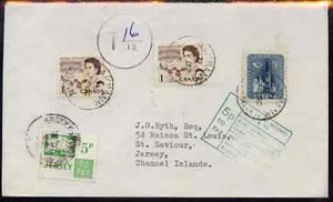 Canada 1971 cover to Jersey bearing 7c adhesives with T 16/15 in circle and boxed 5p to pay, Jersey 5p Postage Due tied with smudgy cancel
