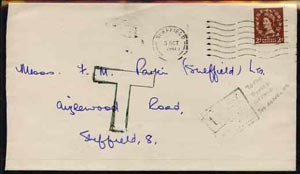 GB Great Britain 1961 underpaid cover to Sheffield with feint boxed postage due to pay in green and large outlined 'T'