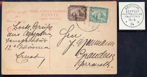Egypt 1911 PPC (Statue of De Lesseps) bearing 1m & 2m Sphinx tied by Deutsche Seepost Australische Hauptlinie dated 4.2.11 (Maritime Mail)
