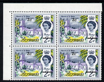 Bermuda 1970 QE2 New Currency 2c Tall '2' variety in positional corner block of 4 unmounted mint, SG 233ea