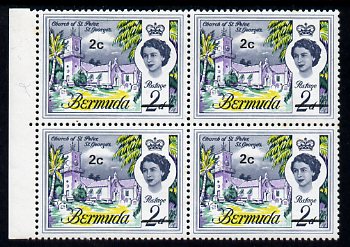 Bermuda 1970 QE2 New Currency 2c unmounted mint left marginal block of 4 with top right stmp showing a frame break at left by palm tree frond, SG 233 var