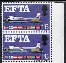GB Great Britain 1966 EFTA 1s6d ord pair, one stamp with 'fusalage flaw' unmounted mint