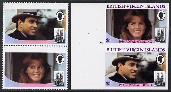British Virgin Islands 1986 Royal Wedding $1 se-tenant pair with Country name & value omitted, plus imperf pair as normal, all unmounted mint, SG 607avar