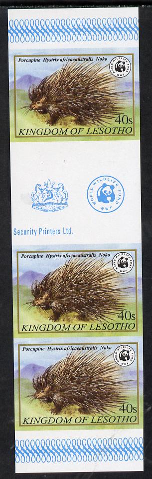 Lesotho 1981 WWF - Cape Porcupine 40s imperf gutter strip of 3 unmounted mint, only about 20 strips believed to exist, SG 471