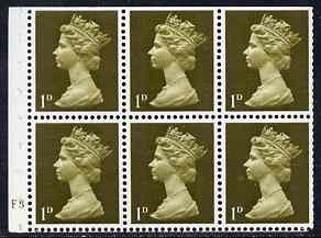 GB Great Britain 1967-70 Machin 1d olive booklet pane of 6 with cyl F3 no dot unmounted mint