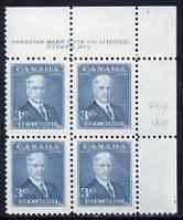 Canada 1951 Prime Ministers 3c Borden corner plate No.2 block of 4 unmounted mint, SG 434