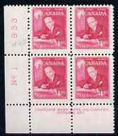 Canada 1951 Prime Ministers 4c MacKenzie King corner plate No.1 block of 4 unmounted mint, SG 435