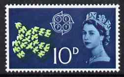 GB Great Britain 1961 CEPT 10d single with a downward shift of green & blue resulting in Dove & Crown having white tips, unmounted mint SG 628var