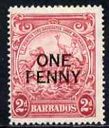Barbados 1947 Surcharged 1d on 2d Perf 14 mounted mint SG 264