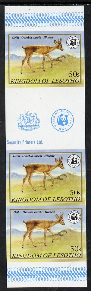 Lesotho 1981 WWF - Oribi 50s imperf gutter strip of 3 unmounted mint, only about 20 strips believed to exist, SG 472