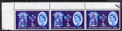 GB Great Britain 1962 National Productivity Year 3d (ord) corner strip of 3 with doctor blade flaw particularly noticeable in margin, unmounted mint