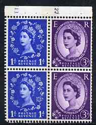 GB Great Britain 1960-67 Wilding 1d/3d Crowns phos (s/ways wmk) booklet pane of 4 with cyl nos F13/K22, unmounted mint