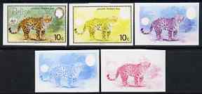 Belize 1983 WWF - Jaguar 10c (Adult Jaguar) x 5 imperf progressive proofs comprising 2 individual colours, 2 x 2-colour combination composites plus completed design, scarce with very few produced unmounted mint (5 proofs as SG 757)