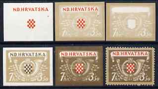 Croatia 1944 Postal & Railway Employees' Fund 7k + 3k50 (SG 123 Posthorn & Shield)) 5 imperf progressive proofs plus issued stamp, part og and mainly fine.