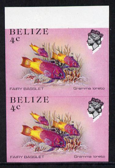 Belize 1984-88 Fairy Basslet 4c def in unmounted mint imperf pair showing superb 2mm shift of black (as SG 769) very fine double variety