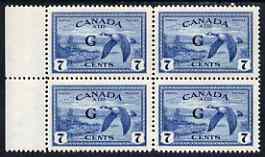 Canada 1950-52 Official 7c Canada Geese opt'd 'G' marginal block of 4 mtd mint, SG O190