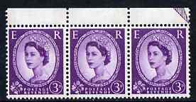 GB Great Britain 1960-67 Wilding 3d Crowns phosphor marginal strip of 3, one stamp with 'Thicker bar to R' (cyl 67 no stop R1/4) unmounted mint