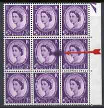 GB Great Britain 1960-67 Wilding 3d Crowns phosphor marginal block of 9 with large ink blot affecting 2 stamps, unmounted mint