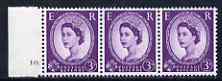 GB Great Britain 1955-58 Wilding 3d Edward wmk marginal strip of 3, one stamp with 'Flaw on left edge of central Cross' (cyl 10 dot R18/3) unmounted mint