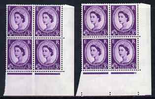 GB Great Britain 1958-65 Wilding Crowns 3d two corner blocks of 4 showing Phantom R & retouch, unmounted mint (retouch is mtd in margin only) SG spec S70h & i