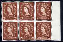 GB Great Britain 1958-65 Wilding Crowns 2d marginal block of 6, one stamp showing 'white face & diadem' (ex cyl 25 no dot R4/11) unmounted mint, unlisted by a very good variety