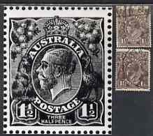 Australia 1918-23 KG5 1.5d black-brown two used singles (single & multiple wmks) each showing white flaw on frame between ST of Postage (position 34 left pane electro II) plus photograph of flaw