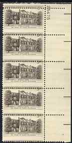 United States 1956 Home of James Buchanan 3c unmounted mint marginal strip of 5 with horiz perfs shifted downwards 4mm, SG 1083