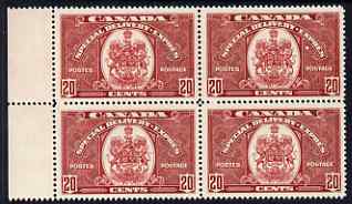 Canada 1938-39 Special Delivery 20c scarlet (Arms of canada) marginal block of 4 superb unmounted mint, SG S10 cat Â£160