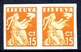 Lithuania 1940 Liberty Issue 15c orange in superb unmounted mint imperf pair, as SG 441