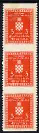 Croatia 1942-43 Official 3k vermilion vertical strip of 3 with horizontal perfs omitted, top stamp mounted mint SG O60var