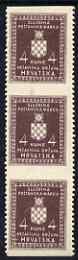 Croatia 1942-43 Official 4k purple-brown vertical strip of 3 with horizontal perfs omitted, top stamp mounted mint SG O62var
