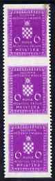 Croatia 1942-43 Official 6k violet vertical strip of 3 with horizontal perfs omitted, top stamp mounted mint with snall stain SG O64var