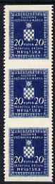 Croatia 1942-43 Official 20k dark blue vertical strip of 3 with horizontal perfs omitted, top stamp mounted mint SG O68var