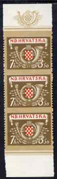 Croatia 1944 Postal & Railway Employee's Relief Fund 7k + 3k50 Posthorn vert strip of 3 with horiz perfs omitted, fine mounted mint SG 123var