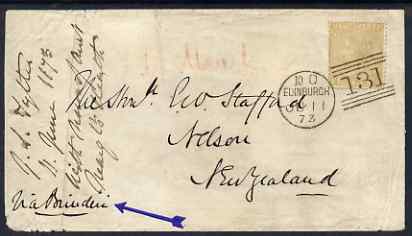 GB Great Britain 1873 cover to New Zealand bearing QV 9d plate 4 tied by superb Edinburgh 131 cancel, two NZ backstamps, SG98 cat £1,000 on cover