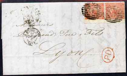 GB Great Britain 1866 entire to Lyon, France bearing pair 4d vermilion plate 8 well tied, neat and clean