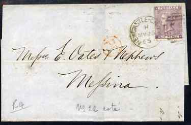 GB Great Britain 1865 wrapper to Messina, Italy bearing 6d lilac plate 4 (with hair lines) well tied by Newcastle on Tyne cds, fine, cat £275 in cover