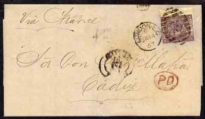 GB Great Britain 1867 entire to Cadiz bearing 6d plate 5, SG97