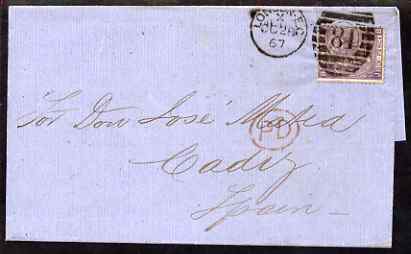 GB Great Britain 1867 entire to Cadiz bearing 6d plate 6, SG97
