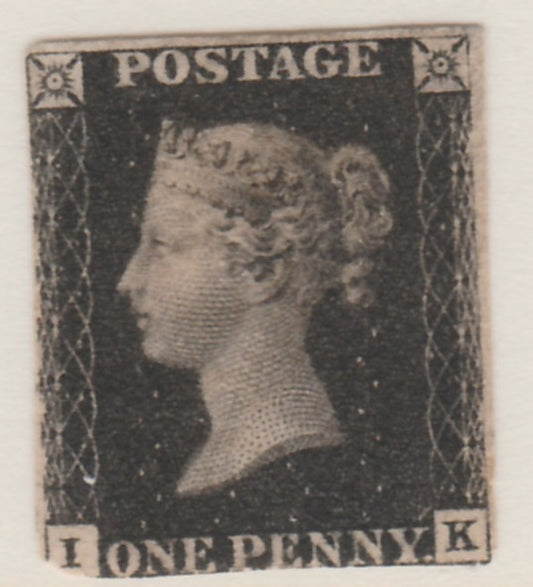 GB Great Britain 1840 1d black plate 5 lettered IK cut into at lower left corner and is thinned complete with Sismondo certificate stating it to be genuine and unused which Gibbons currently price at £12,500