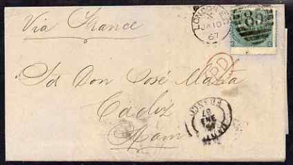 GB Great Britain 1867 QV 1s pl.4 on entire to Cadiz, SG101