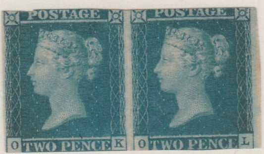 GB Great Britain 1841 QV 2d blue horiz pair OK-OL slightly cut top & bottom margins but fresh and good looking showing fine Ivory Head on reverse, SG14 cat £6,250 as,singles