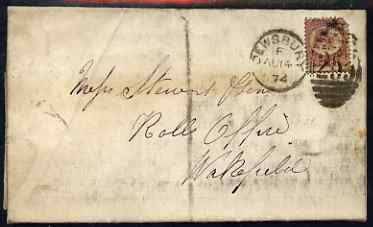 Great Britain 1874 1/2d rose-red Pl.6 on entire Dewsbury to Wakefield, stamp damaged