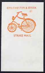Cinderella - Great Britain 1988 Colchester & District Messenger Service imperf proof of Â£1 Strike Mail label in orange showing Bicycle unmounted mint