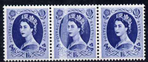 GB Great Britain 1952-54 Wilding Tudor Crown 1s6d horiz strip of 3 with 'stripping' flaw affecting centre stamp, mounted mint