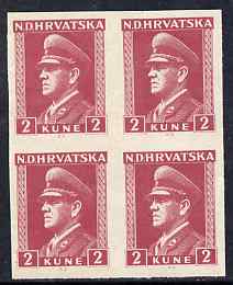Croatia 1943 Pavelic 2k claret in fine mint imperf block of 4, as SG108