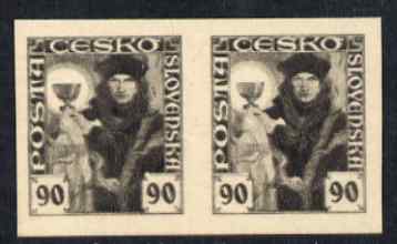 Czechoslovakia 1920 Hussite 90h imperf colour trial proof pair in black on thin card
