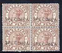 GB Great Britain 1876 QV Telegraph 1d brown plate 1 unmounted mint block of 4 each overprinted SPECIMEN, SG L202s, a scarce and beautiful block