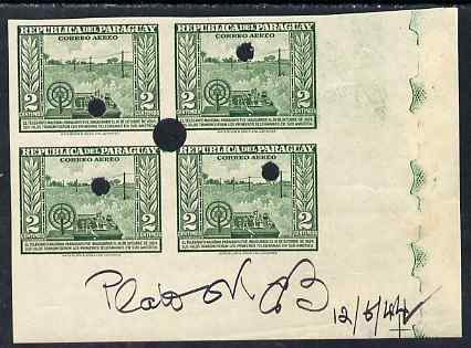 Paraguay 1944-45 First Telegraph 2c green imperf corner proof block of 4 with security punch holes on gummed paper but some wrinkling, as SG 596 endorsed 'Plate OK' and almost certainly unique (ex Waterlow archives)